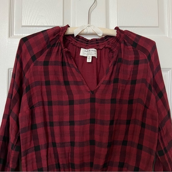 Anthropologie Cloth & Stone Sara Red Black Plaid Long Sleeve Blouse - Sz S - Picture 6 of 14